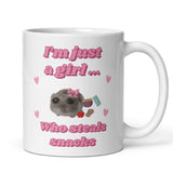 Funny I'm Just a Girl Who Steals Snacks Mug, Sad Hamster Joke Secret Santa Food Her, Christmas For Girlfriend Snacking