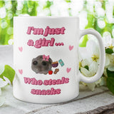 Funny I'm Just a Girl Who Steals Snacks Mug, Sad Hamster Joke Secret Santa Food Her, Christmas For Girlfriend Snacking