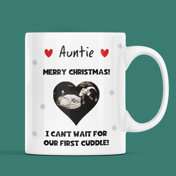 Personalised Christmas Auntie Baby Scan Photo Mug, Auntie to be Christmas Gift