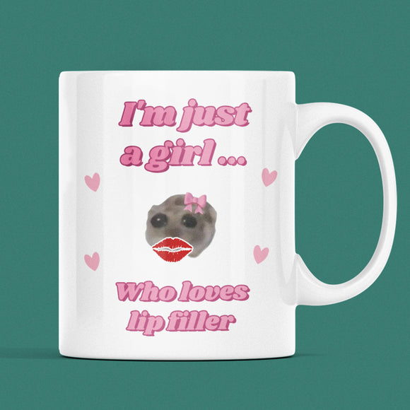 Funny I'm Just a Girl Who Loves Lip Filler Mug, Sad Hamster Joke Secret Santa Lip Filler Botox her, Christmas For Girlfriend