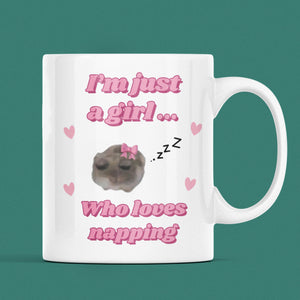 QG Funny I'm Just a Girl Who Loves Napping Mug, Sad Hamster Joke Secret Santa Sleeping Her, Christmas For Girlfriend Sleep