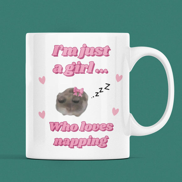 QG Funny I'm Just a Girl Who Loves Napping Mug, Sad Hamster Joke Secret Santa Sleeping Her, Christmas For Girlfriend Sleep