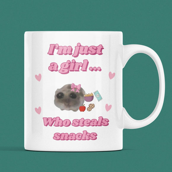 Funny I'm Just a Girl Who Steals Snacks Mug, Sad Hamster Joke Secret Santa Food Her, Christmas For Girlfriend Snacking