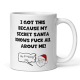 CQ Knows Fuck All About Me Secret Santa Mug - Funny Secret Santa Gift