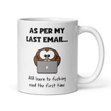 As Per My Last Email Funny Owl Mug - Secret Santa For Her, Email Office Colleague Mug