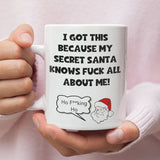 CQ Knows Fuck All About Me Secret Santa Mug - Funny Secret Santa Gift