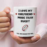 Funny Love My Girlfriend More Than My Rugby Mug, Football Rugby Birthday Joke Gift, Valentines Gift, Anniversary Gift