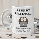 As Per My Last Email Funny Owl Mug - Secret Santa For Her, Email Office Colleague Mug