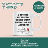 CQ Knows Fuck All About Me Secret Santa Mug - Funny Secret Santa Gift