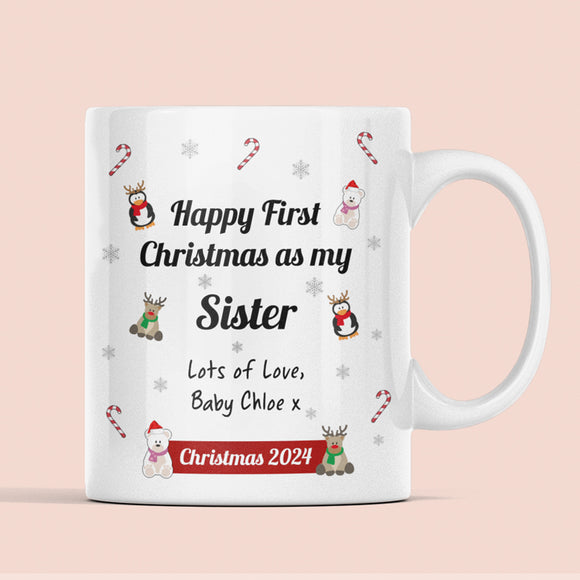 Personalised Sister First Christmas 2024 Mug, Baby First Christmas For Sister From Baby Gift