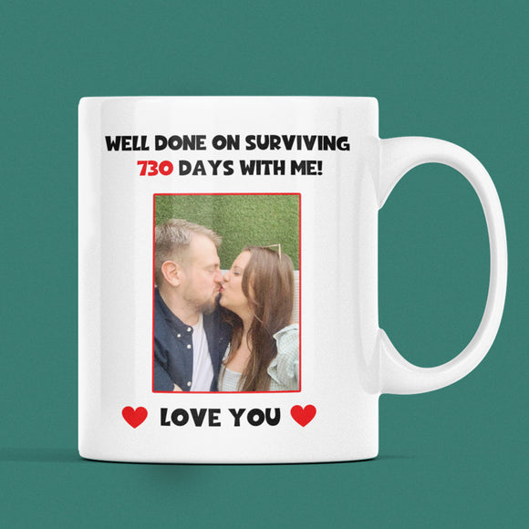 Personalised Photo Surviving 730 Days Second Anniversary Funny Mug, 2nd Anniversary Gift