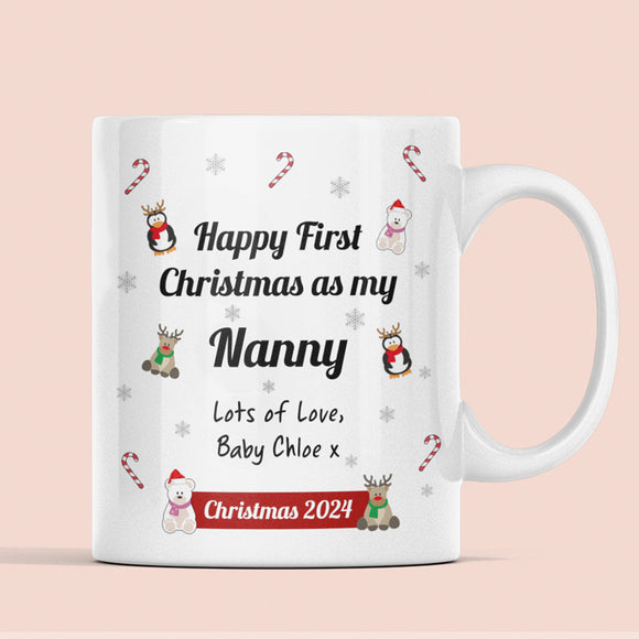 Personalised Nanny First Christmas 2024 Mug, Baby First Christmas For Nanny From Baby Gift