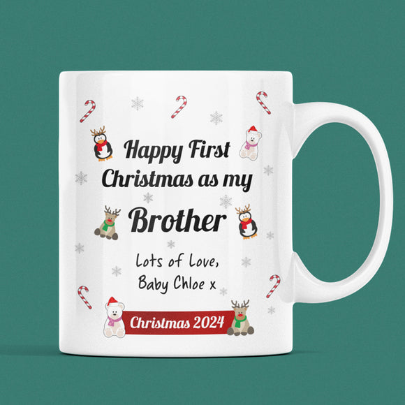 Personalised Brother First Christmas 2024 Mug, Baby First Christmas For Brother From Baby Gift