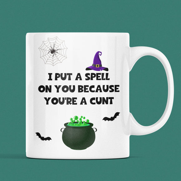 I Put A Spell On You Because You're A Cunt Mug, Funny Halloween Boo Box Girlfriend, Witch Spell Mug