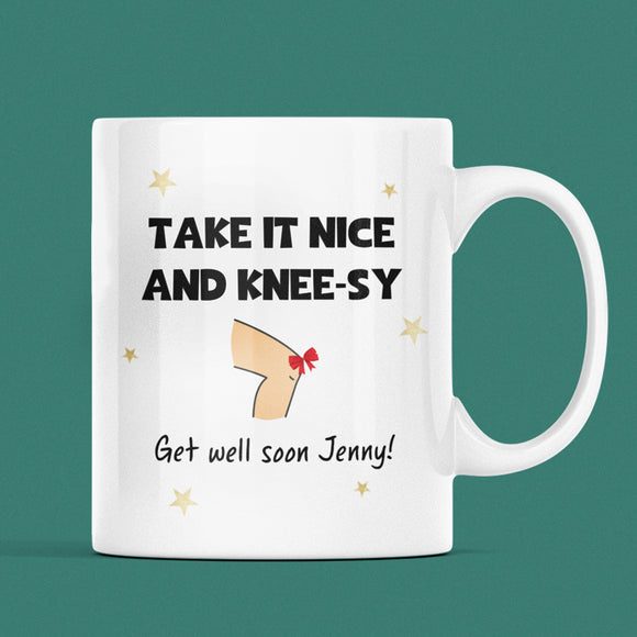 Personalised Take It Nice And Knee'sy Mug, Funny Get Well Soon Knee Operation, Knee Injury, Knee Replacement Gift