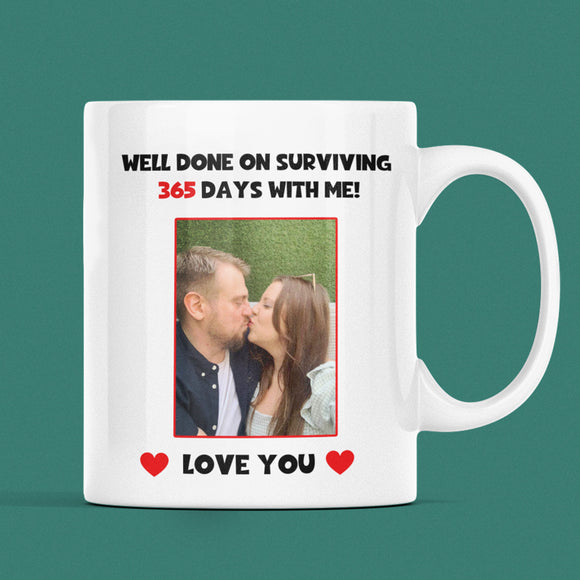 Personalised Photo Surviving 365 Days First Anniversary Funny Mug, 1st Anniversary Gift