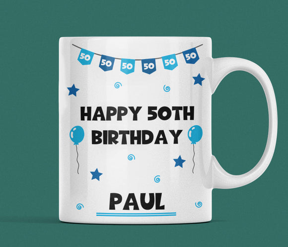 Personalised Blue 50th Birthday Mug, 50th Birthday Gift