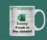 Personalised Funny Freak in the Sheets Work Mug, Excel Joke Mug, Secret Santa